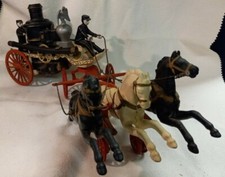 Cast Iron Fire Pumper Wagon 3 Horse Driver Hoses w/Rear FireFighter