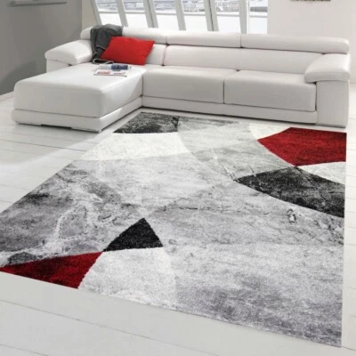 Tapis de Salon moderne Design abstrait marbré Losanges ondulés rouge gris - r .. - Photo 1/4
