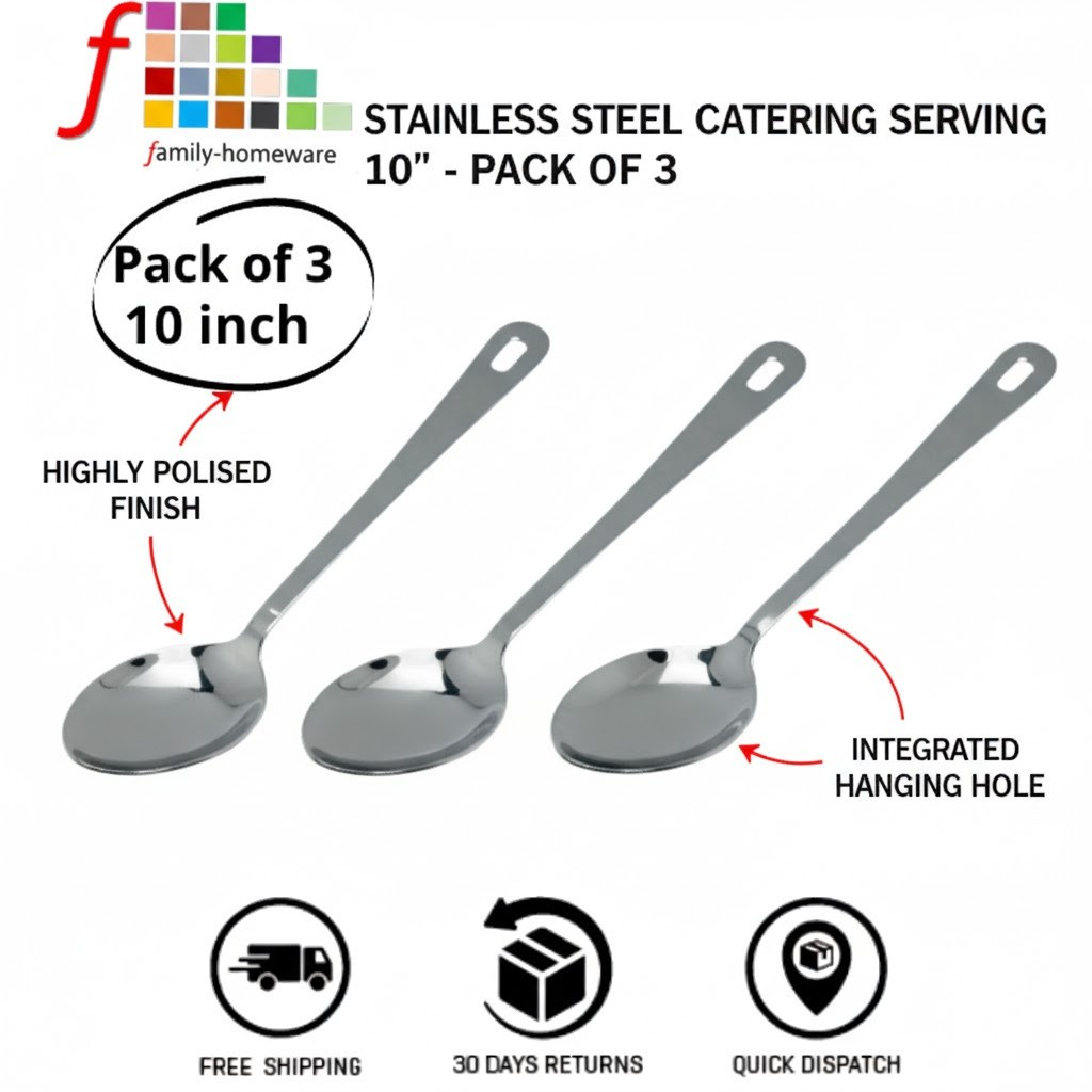 CUCHARA PARA SERVIR CATERING DE ACERO INOXIDABLE CUBIERTOS HERRAMIENTA DE COMEDOR 10" PULGADAS - PAQUETE DE 3