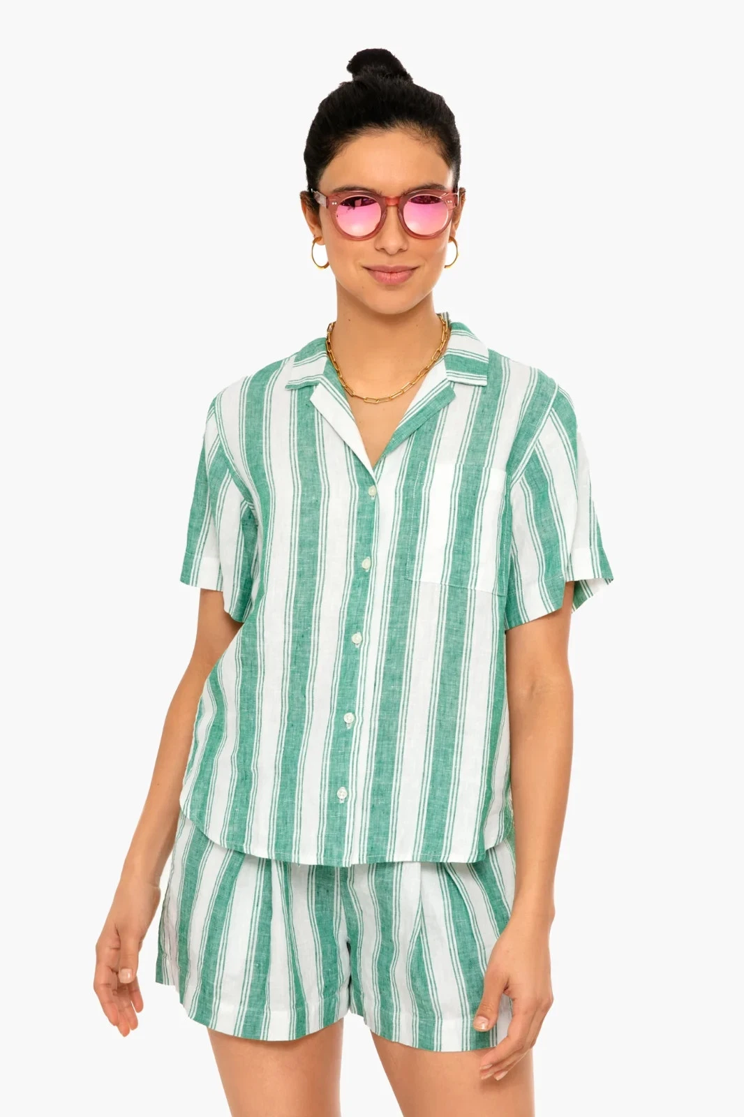 Trovata Birds of Paradis Top Blouse Green Awning Stripe Margot Shirt Linen S