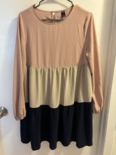 SHEIN Colorblock Long Sleeve Knee Length Dress S Pink Beige Black