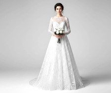 White Boat Neck Wedding Dress Full Sleeves White A-Line Floor Length Bridal Gown