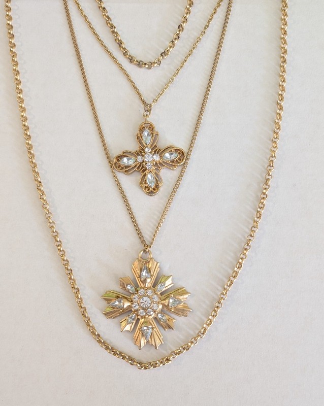 Vintage Maltese Cross Extra Long Multi Strand Rhinestone Necklace 31 Inches