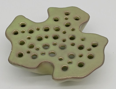 43 Hole Ceramic Flower Frog, Sage Green/Purplish Edges, Unmarked, Abstract