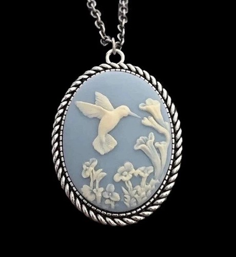 Vintage Hummingbird Cameo Necklace w/ Lily Flowers Pendant Wedgwood Blue & Ivory