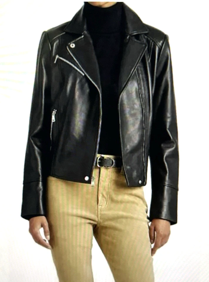 NUEVA CHAQUETA PARA MUJER RALPH LAUREN talla M ASYM MOTO negra cuero de cordero suave $440 Foto 2 de 4