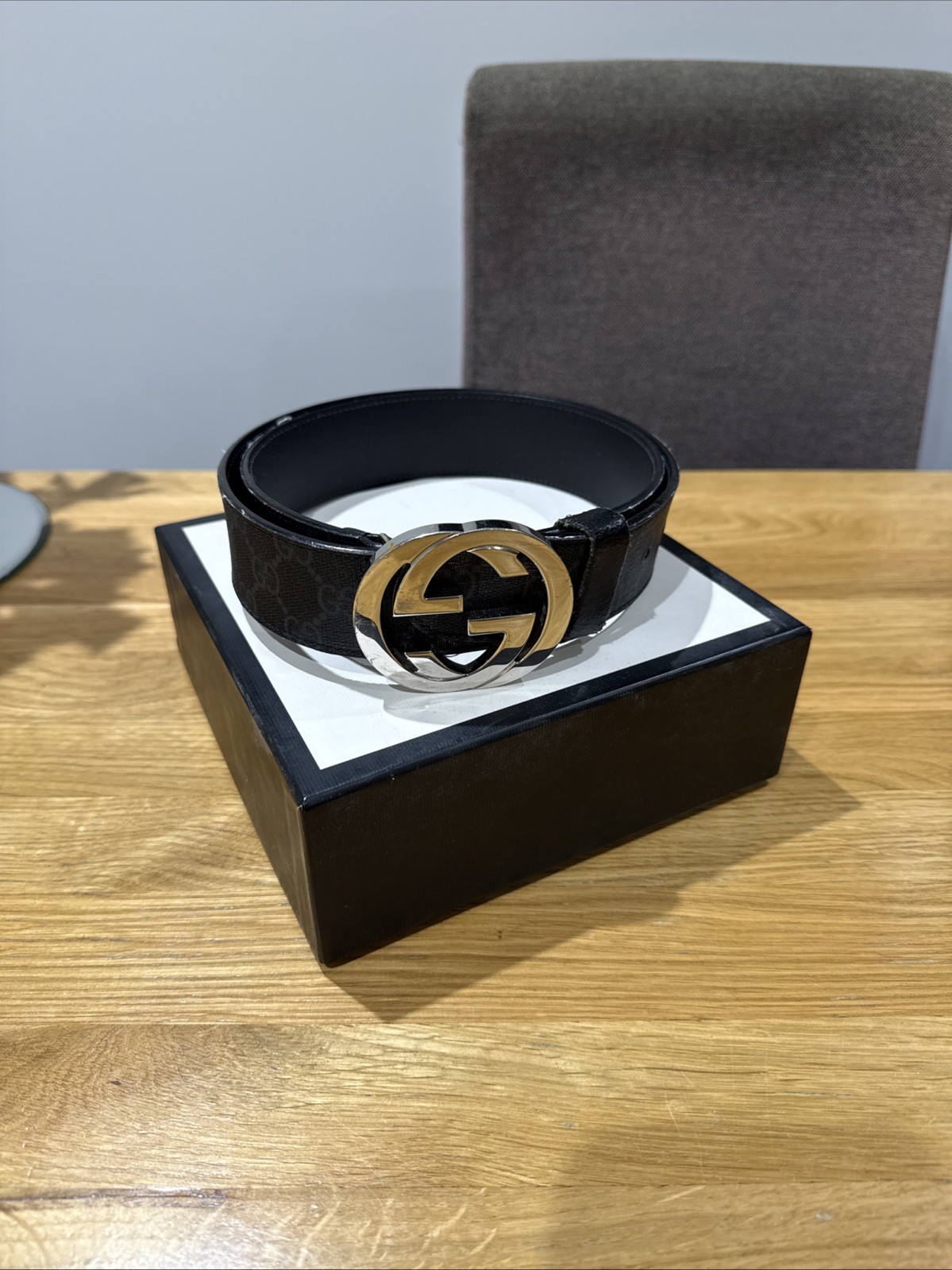 Authentic Black Monogram Gucci Belt With The Original Box, Envelope, Dust Bag