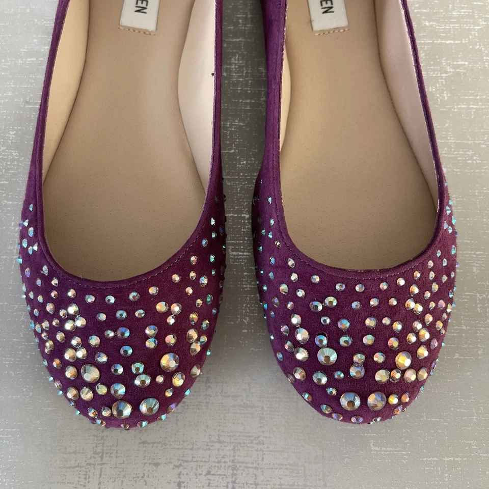 Mocassim confortável Steve Madden strass roxo camurça couro balé 7 M - Imagem 2 de 4
