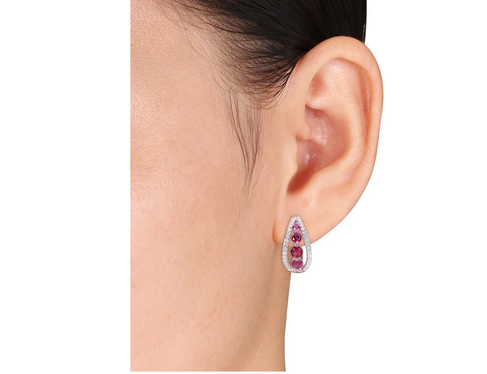 1.78 Carat (ctw) Lab-Created Ruby Hoop Earrings 14K Gold with Created Diamonds - Image 4 of 4