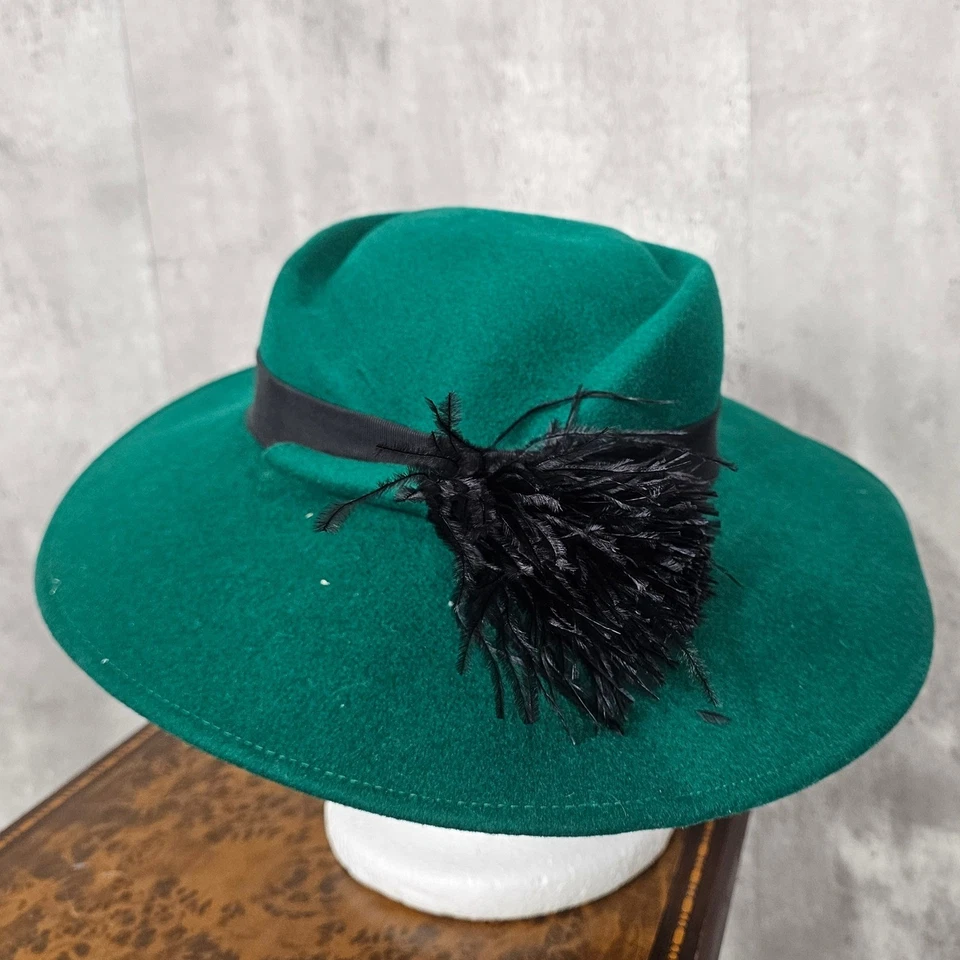 Sombrero Pluma Pluma Años 60 70 Diseñado De Colección por Sylvia Fieltro Lana Verde Ala Ancha Foto 3 de 4