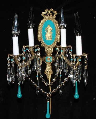 2 Lady Brass Bronze Crystal Sconce Lamp Vintage Wedgwood Inspired Spain French - Bild 2 von 6