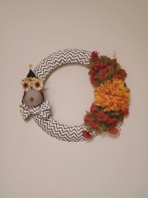 WREATH with OWL red orange mums FLOWERS burlap FALL autumn Decor Front Door 15