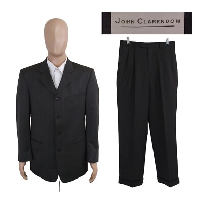 John Clarendon Two Piece Four Button Gray Stripe 100% Wool Suit 39R Pants 32X31