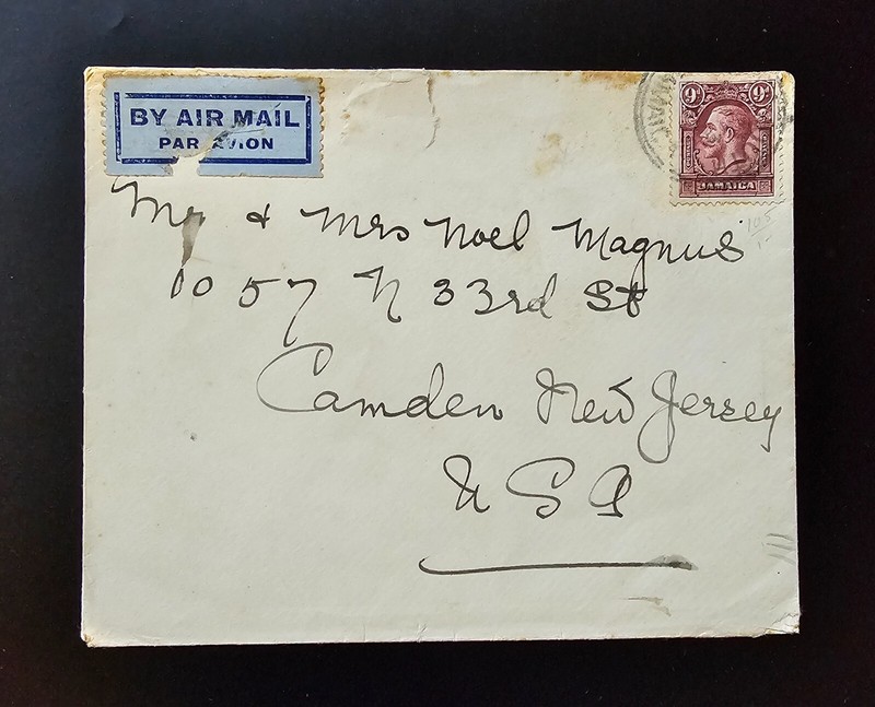 JAMAICA Caribbean KGV Cover Nine Pence 9d Camden New Jersey USA