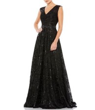 New Mac Duggal Sequin Floral Embroidered Beaded Waist A-Line Gown Black 8 $698