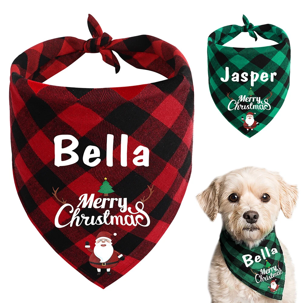Xmas Cotton Dog Bandana Collar Personalised Pet Name Print Santa Snowman Plaid