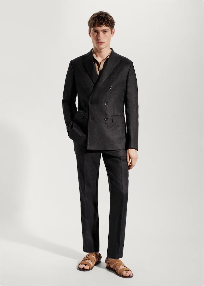Black Linen Men’s double-breasted Suit MANGO