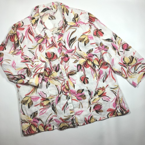 JM Collection Button Shirt Blouse 100% Linen Floral 3/4 Sleeve Plus Sz 16 Petite