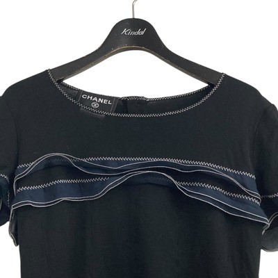 CHANEL 02P P19048V09106 Black Navy Knit T-Shirt Short Sleeve Top  