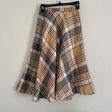 Vintage Dark Academia Preppy Heritage Tan Plaid Wool Blend Midi Skirt Small