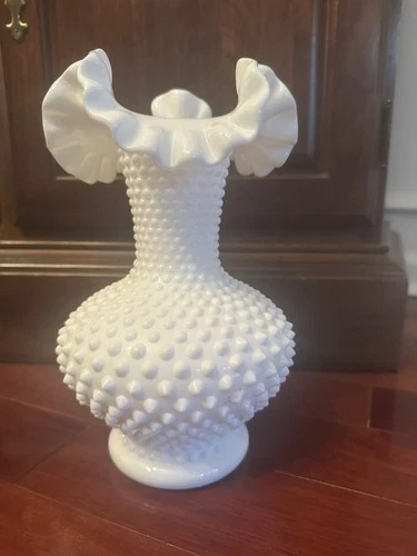 VINTAGE MID CENTURY FENTON WHITE MILK GLASS HOBNAIL RUFFLED VASE 7.5"