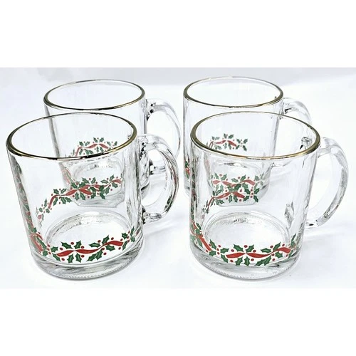 Set of 4 Vtg Libbey Christmas Holly Berry Clear Glass Mugs w/Gold Rim Made USA