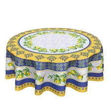 Aportt Lemon Tablecloth round 60 Inch Summer Fruit Blue and Yellow Table Cloth C
