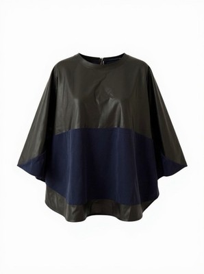 Blanc de Chine Silk Poncho Top Womens Size 2 Black Navy Colorblock Cape Draped