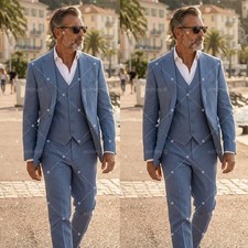 Light Blue Linen Three Piece Suit Men Slim Fit Summer Beach Wedding Groom Outfit
