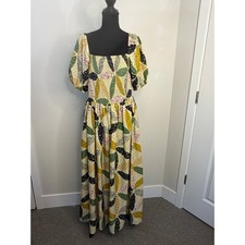 Truly 4 You Patchwork Floral Smocked Maxi Dress XL Yellow Green Puff Sleeve Boho