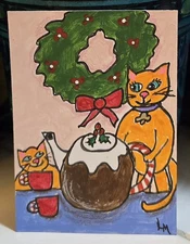ACEO Original Art Painting Orange Ginger Cats Holiday Tea Christmas OOAK ATC