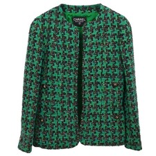 Chanel Collarless Houndstooth Tweed Jacket Green 188446