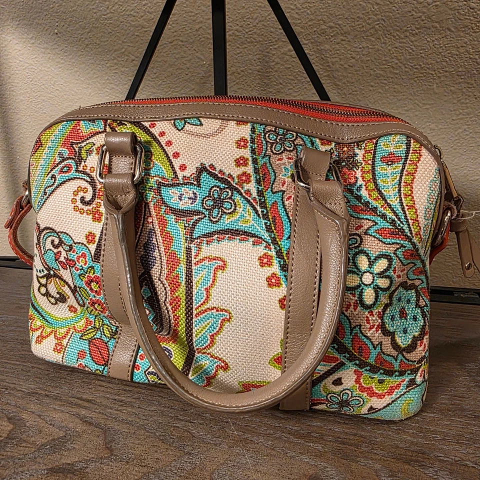 Bolso Bandolera Spartina 449 Otoño Otoño Cachemira Estampado Floral Lona Cuero Borde Foto 4 de 4