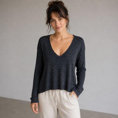 James Perse Black Gray Wide V Neck Knit Crop Top 3 large