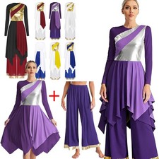US Women Lyrical Praise Worship Costume Asymmetric Overlays Top Dress With Pants