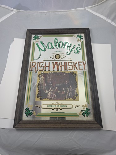 Vtg Malonys Irish Whiskey Dublin Beer Liquor Mirror Sign 1977 Rare 13.5* 9.5 In