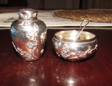 57.55g Sterling Silver Japanese Meiji Open Salt & Pepper Shaker Cherry Blossom D