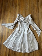 Champagne Satin Off Shoulder Fit Flare Dress Small VTG Formal Bridal