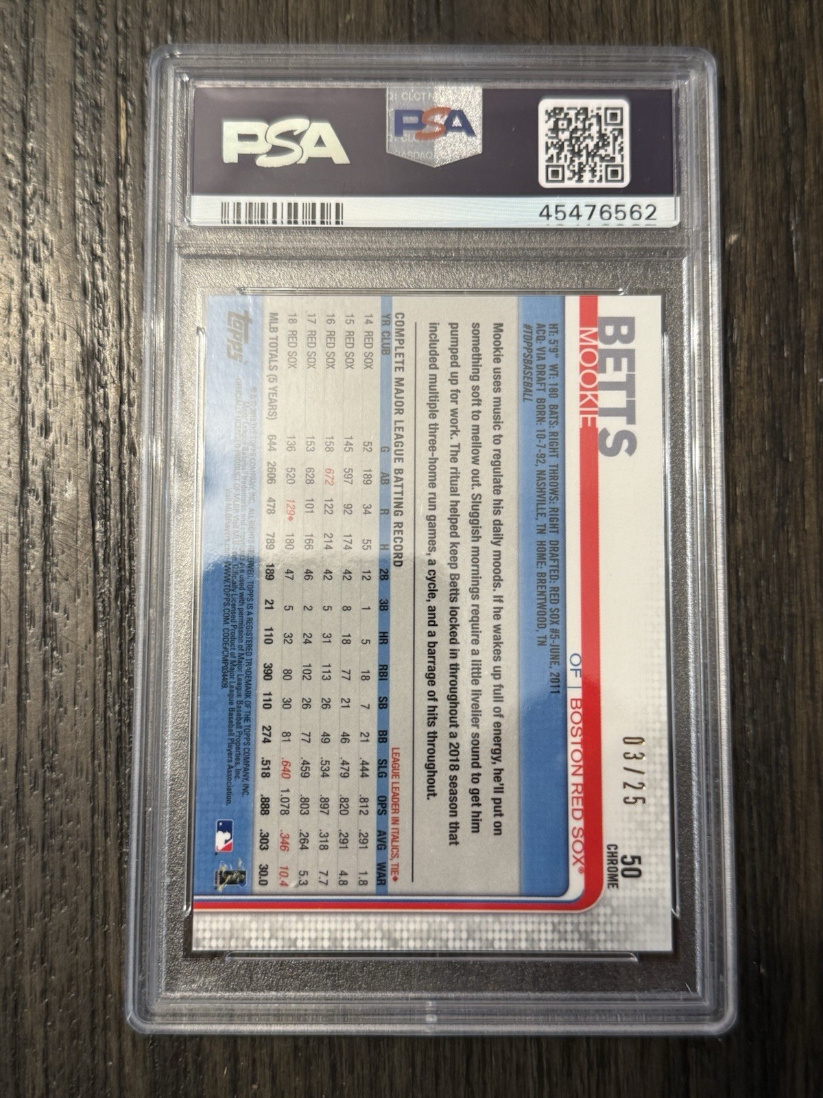 2019 TOPPS CHROME ORANGE REFRACTOR #50 MOOKIE BETTS LIFTING BALL /25 SSP PSA 9 view 2