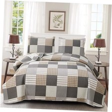 Plaid Bedding Sets, 3 Pcs Queen Size Quilt Queen/Full 90" x 90" Brown Black