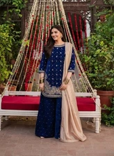 Fancy Designer Blue Viscose Velvet Kurta Palazzo With Dupatta For Women