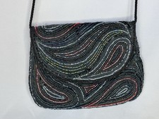 Vintage Walborg Purse Beaded Black Multi Color Evening Bag Knotted Strap Handbag