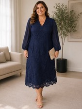 Vince Camuto Navy Lace Midi Dress Size 16 Long Sleeve NWT