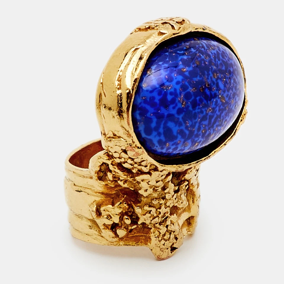 Yves Saint Laurent Blue Cabochon Gold Tone Arty Cocktail Ring Size 52 - Image 3 of 4