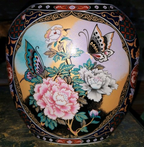 Vaso ovale piatto cinese porcellana vintage dipinto floreale fiore di loto 6,5" T - Foto 1 di 5