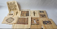 Vintage 1980's Lot of 11 Authentic Papyrus Paper Hand Painted Egyptian Style Art