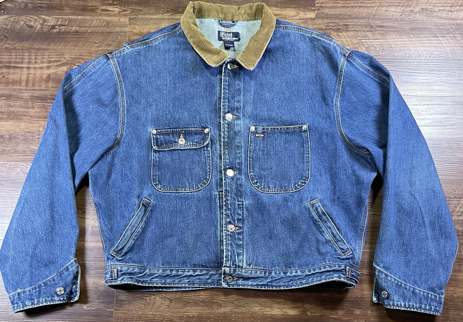 Vtg Polo Ralph Lauren Sportsman Denim Jacket Corduroy Collar Mens XL USA Made