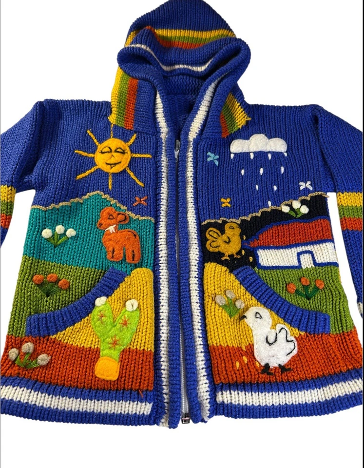 Suéter con Capucha Vintage Hecho a Mano Peruano Niños Bordado Animales Sol Lluvia 3T4T Foto 2 de 4