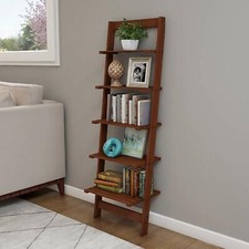 Leaning Ladder Shelf Modern Home Decor Bathroom Living Room Wooden Walnut Finish