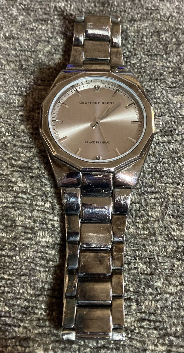 Working Geoffrey Beene Black Diamond Quartz Watch Analog Stainless